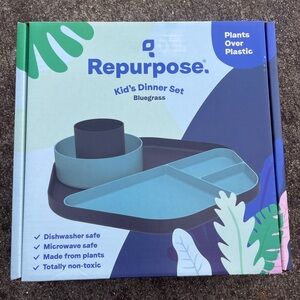 NIB Repurpose Kid's recycled dinner set, dark and light blue